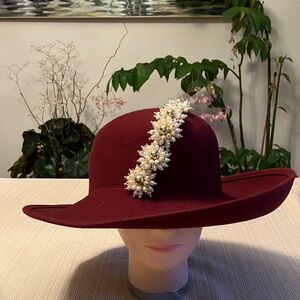 Elegant Burgundy Wool Hat with Pearl Embellishments